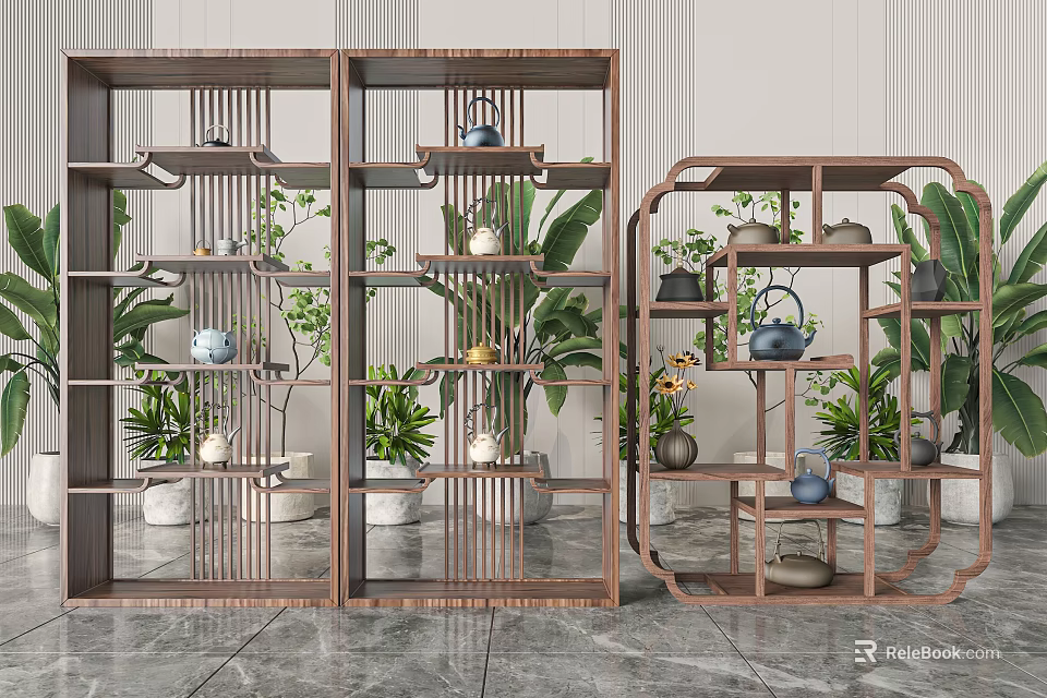 Garden Decorative Display With Wooden Openwork Shelves Tea Sets Green Plants And Gray Background 3d model 