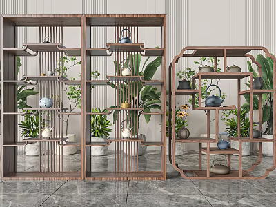 Garden Decorative Display With Wooden Openwork Shelves Tea Sets Green Plants And Gray Background 3d model