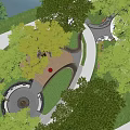 Park Landscape With Circular Fire Pit Stone Seating Green Trees And Grass 3d model