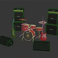 Red Electric Guitars Drum Set With Black Marshall Amplifiers Cymbals And Speakers