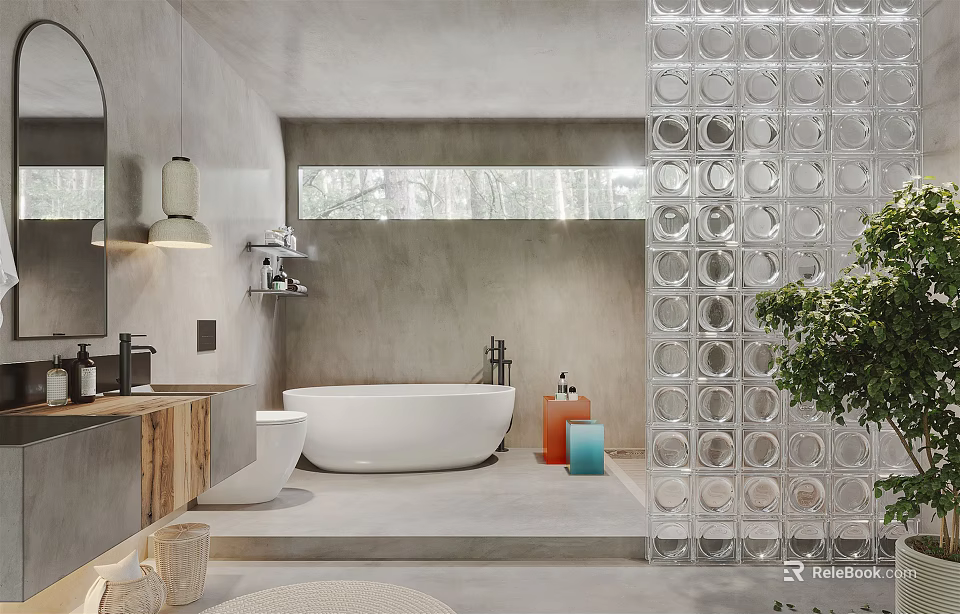 Modern Bathroom Interior With Glass Block Wall White Bathtub Wooden Vanity And Green Plant 3d model 