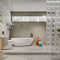 Modern Bathroom Interior With Glass Block Wall White Bathtub Wooden Vanity And Green Plant