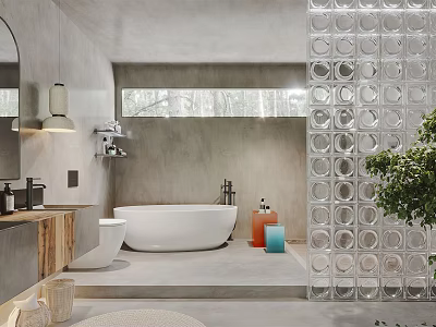 Modern Bathroom Interior With Glass Block Wall White Bathtub Wooden Vanity And Green Plant 3d model