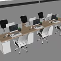 Modern Office Desk Workstations With Wooden Surface Ergonomic Chairs White Drawer Cabinets And Monitors