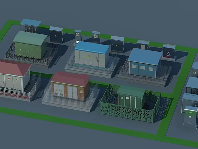 Various Colored Industrial Equipment Workshops With Green Area Facility Layout Design 3d model