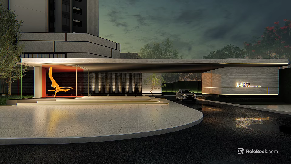 Modern Architectural Entrance Gate Design With Illuminated Facade Driveway And Trees 3d model 