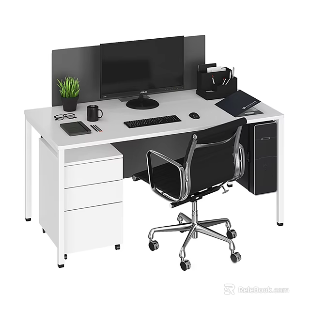 Modern Office Desk Setup With Monitor Keyboard Mouse Green Plant And Black Office Chair 3d model 