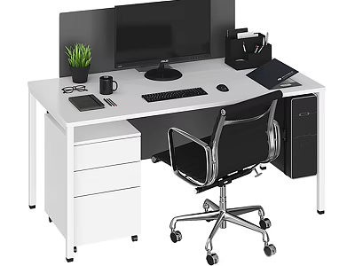 Modern Office Desk Setup With Monitor Keyboard Mouse Green Plant And Black Office Chair 3d model