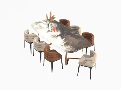 Modern Dining Table Set with Marble Top and Brown Beige Chairs and Pampas Grass Vase 3d model