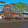 Traditional Chinese Ancient Architecture With Curved Eaves Roof Wooden Structure Hanging Lanterns Umbrella Decorations Tables Chairs