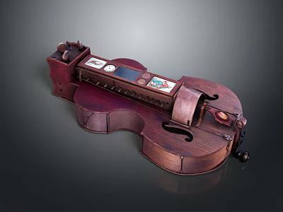 Unique Wooden Violin Shaped Furniture With Multiple Drawers And Decorative Elements 3d model