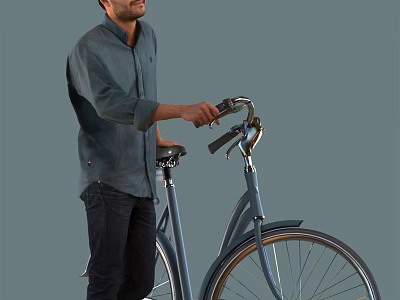 Man Standing Next to Blue Bicycle with Hand on Handlebar in Gray Background 3d model