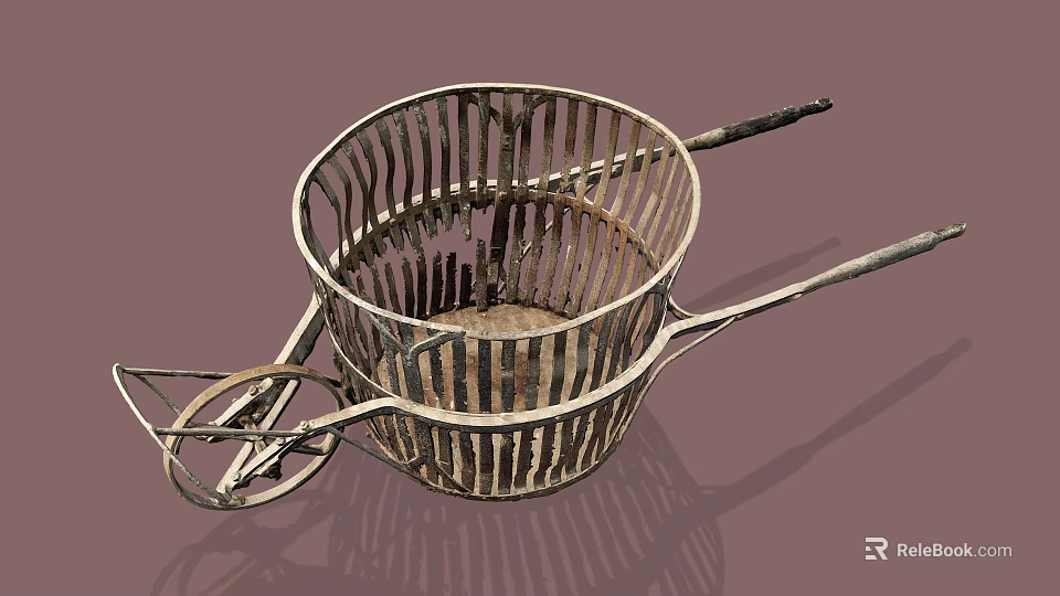 Antique Metal Wheelbarrow With Round Wire Basket Handles And Spoked Wheels 3d model 