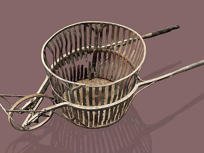 Antique Metal Wheelbarrow With Round Wire Basket Handles And Spoked Wheels 3d model