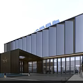 Modern Sales Center Building With Glass Facade Golden Metal Columns And Front Water Pool
