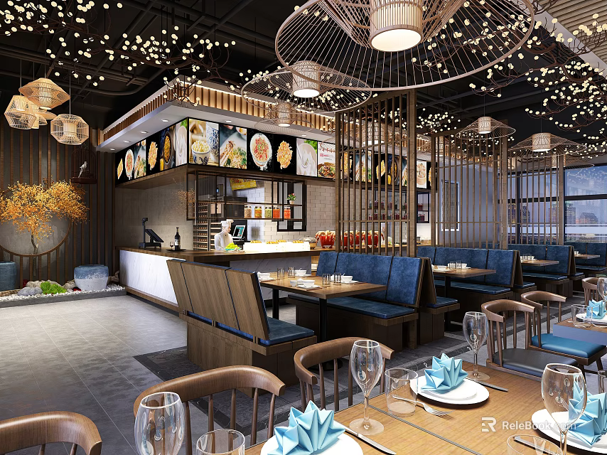 Modern Restaurant Interior Design With Comfortable Seats Pendant Lights And Menu Display Decor 3d model 