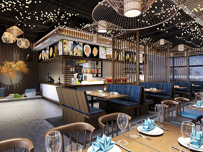 Modern Restaurant Interior Design With Comfortable Seats Pendant Lights And Menu Display Decor 3d model