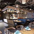 Modern Restaurant Interior Design With Comfortable Seats Pendant Lights And Menu Display Decor