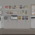White Bookcase With Multiple Shelves Displaying Books Folders Globe Trophy Clock And Small Potted Plant