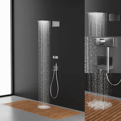 Modern Wall Mounted Shower System with Rainfall Water Flow and Handheld Sprayer in Black Bathroom 3d model