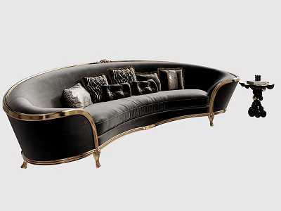 Spacious Luxurious Black Velvet Curved Sofa With Gold Accents Decorative Throw Pillows And Side Table 3d model