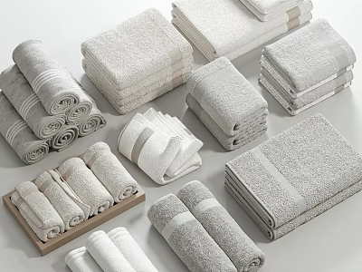 Soft Cotton Bath And Hand Towels In White Gray Rolled Folded Styles 3d model