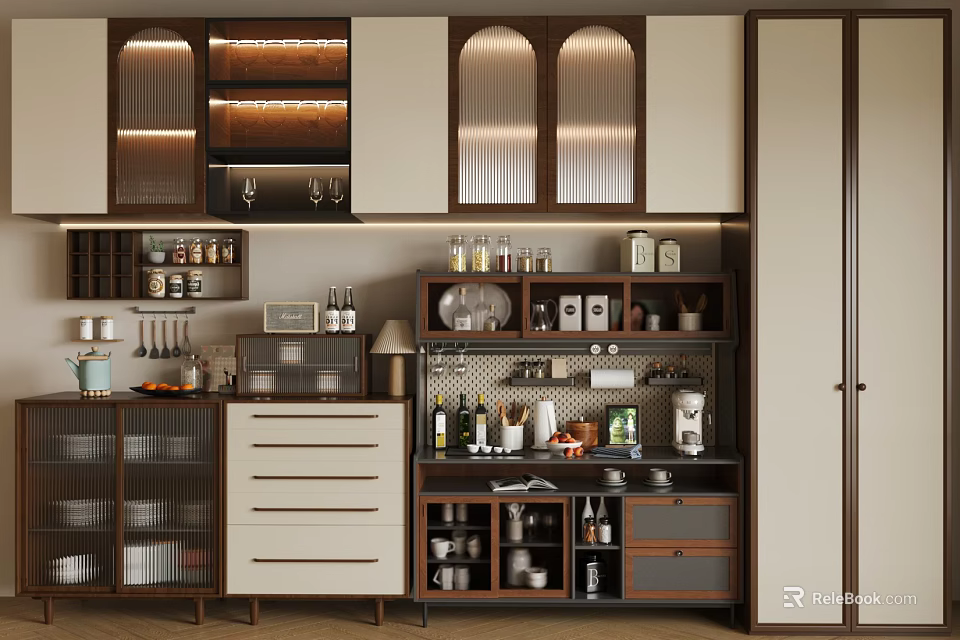 Modern Wooden Sideboard Design With Glass Doors Drawers And Open Storage Shelves 3d model 