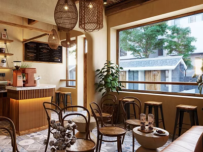 Cozy Café Interior Featuring Natural Light Wooden Tables And Green Plants 3d model