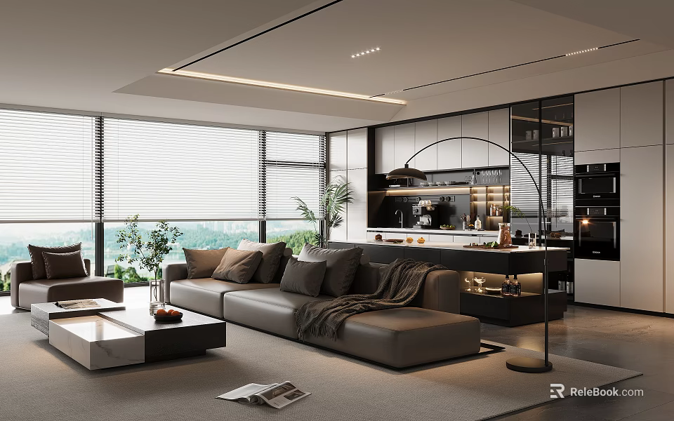 Modern Living and Dining Room Interior With Sofa Coffee Table Large Windows and Green Plants 3d model 