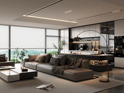 Modern Living and Dining Room Interior With Sofa Coffee Table Large Windows and Green Plants 3d model