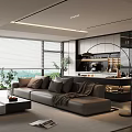 Modern Living and Dining Room Interior With Sofa Coffee Table Large Windows and Green Plants