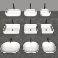 White Ceramic Washbasins In Different Shapes On Gray Countertop With Chrome Faucets For Modern Bathroom