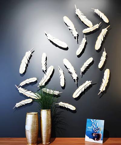 Feather Shaped Wall Decor on Dark Background with Golden Vases and Green Plant 3d model