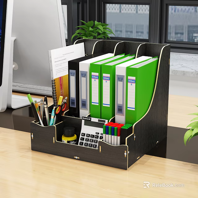 Black Desktop Folder Organizer With Green And White Folders Calculator Pens And Office Supplies 3d model 