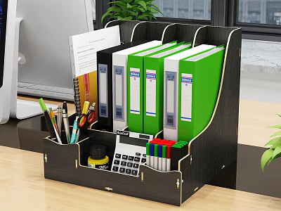 Black Desktop Folder Organizer With Green And White Folders Calculator Pens And Office Supplies 3d model