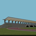 Sports Stadium Design Featuring Football Field Running Track and Blue Seating Areas