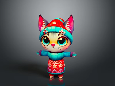 Cute Cartoon Cat In Red Hat Red Dress With Pink Blue Ears And Big Eyes 3d model