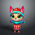 Cute Cartoon Cat In Red Hat Red Dress With Pink Blue Ears And Big Eyes