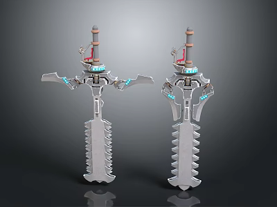 Sci-Fi Mechanical Swords with Glowing Blue Accents Serrated Blades and Intricate Hilt Design 3d model