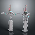Sci-Fi Mechanical Swords with Glowing Blue Accents Serrated Blades and Intricate Hilt Design