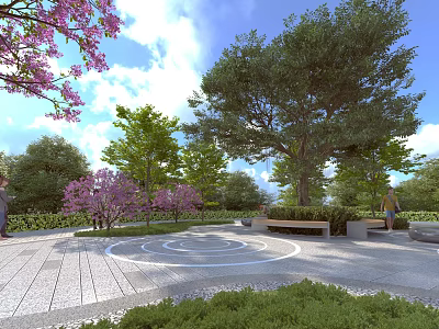 Scenic Park Landscape with Purple Flowering Trees Circular Paved Area White Patterns and Benches 3d model