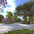 Scenic Park Landscape with Purple Flowering Trees Circular Paved Area White Patterns and Benches