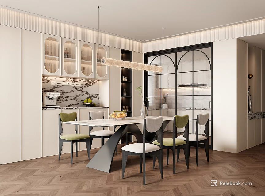 Modern Restaurant Interior With White Dining Table Green Chairs Pendant Lights And Herringbone Floor 3d model 