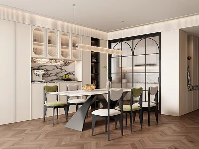 Modern Restaurant Interior With White Dining Table Green Chairs Pendant Lights And Herringbone Floor 3d model