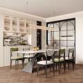 French Cream Style Restaurant Dining Table and Chair Combination Sideboard Chandelier Rectangular Dining Table Single Chair 3d model
