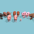 Low Poly Style Pigs In Various Sizes And Colors Standing On Light Blue Background