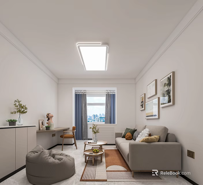 Modern Apartment Living Room Interior With Sofa Coffee Table Desk Plants And Framed 3d model 