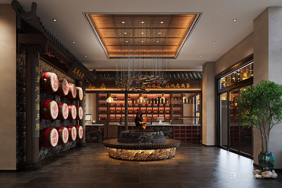 Traditional Chinese Restaurant Interior With Wooden Ceiling Red Drums Wine Racks Counter And Chandeliers 3d model 