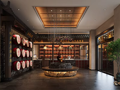 Traditional Chinese Restaurant Interior With Wooden Ceiling Red Drums Wine Racks Counter And Chandeliers 3d model
