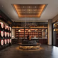 Traditional Chinese Restaurant Interior With Wooden Ceiling Red Drums Wine Racks Counter And Chandeliers
